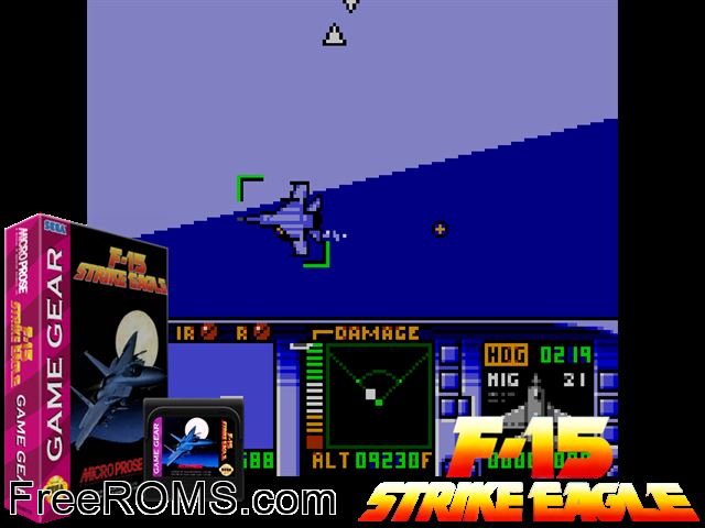 F-15 Strike Eagle Game Gear game showing 3D box cover and gameplay screenshot